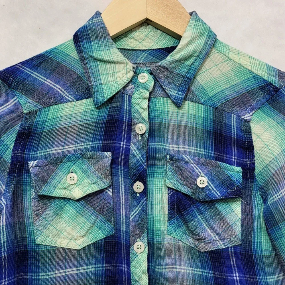 Justice Girls Blue‎ Teal Plaid Button Down Shirt Roll Tab Sleeve Size 10 Rayon